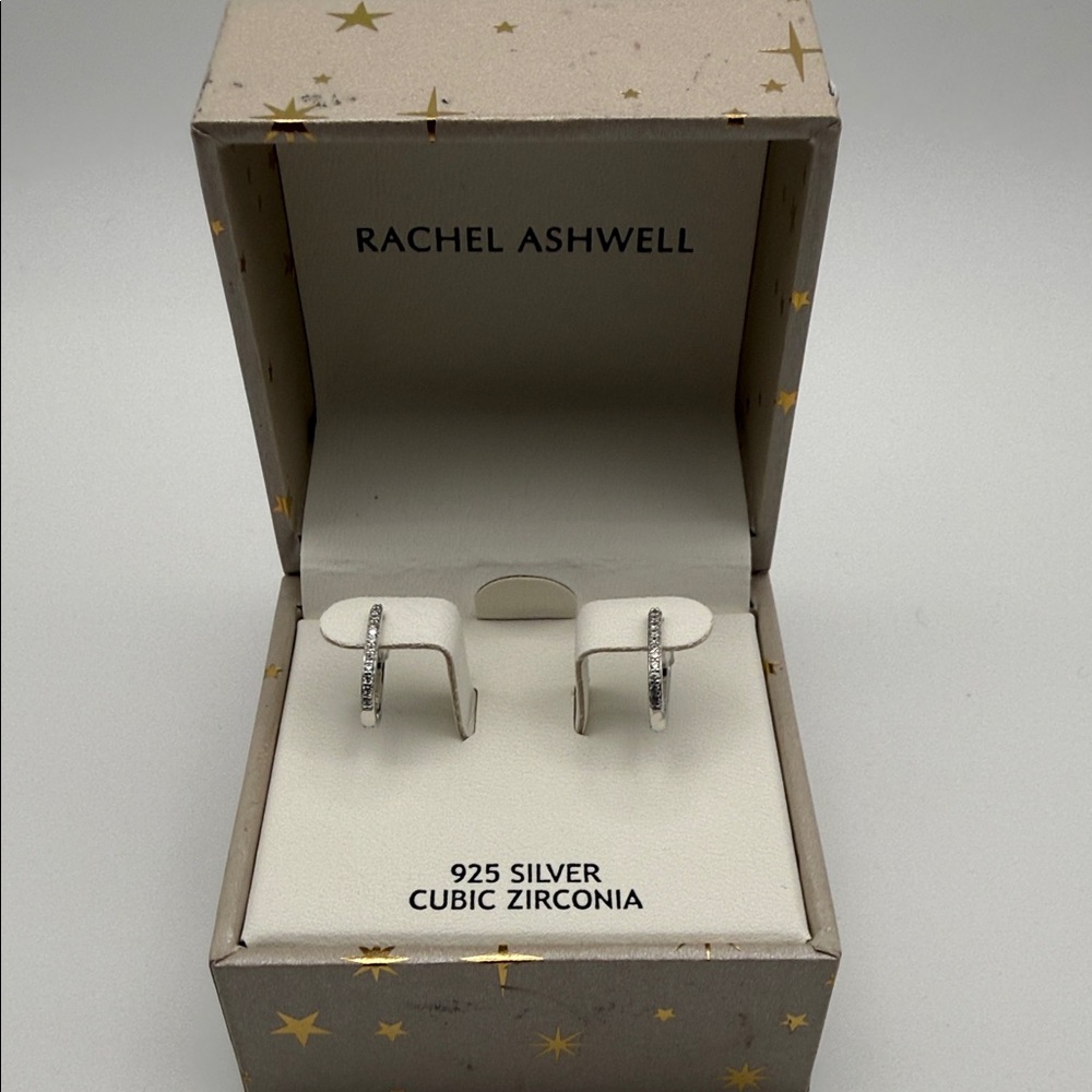Rachel Ashwell 925 Sterling Silver Cubic Zirconia Huggie Hoop Earrings Gift Box